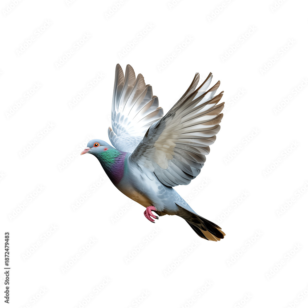 Fototapeta premium Pigeon in flight, natural, grey and green, isolated, for freedom and peace themes