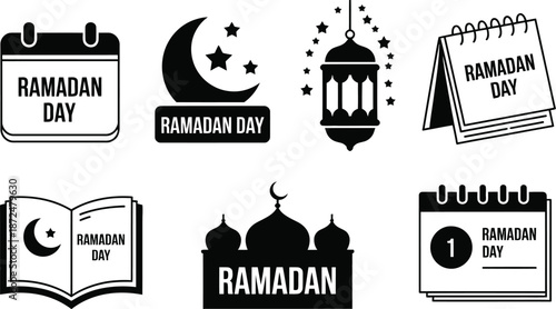 Set of Ramadan Icons Featuring Crescent Moon, Lantern, Mosque, Calendar, and Holy Book in Black and White