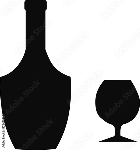 Black silhouette vector of brandy bottle with snifter glass alcohol drink icon