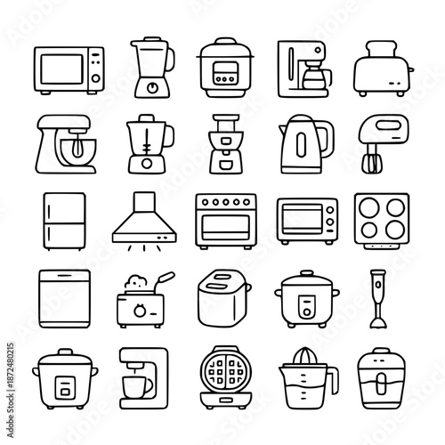 Kitchen equipment theme icons in outline style