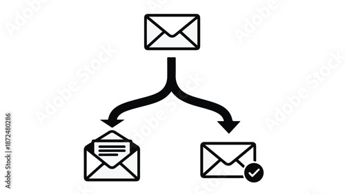 Email communication workflow with inbox and filtered messages, simple line drawing of envelopes with arrows representing email organization and management