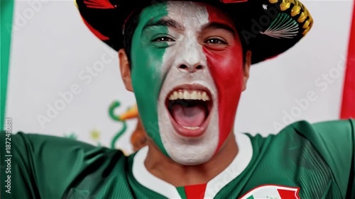 Passionate Mexican soccer fan cheering excitedly with face painted in national colors and flag background vertical for patriotic sports event celebration and independence day support