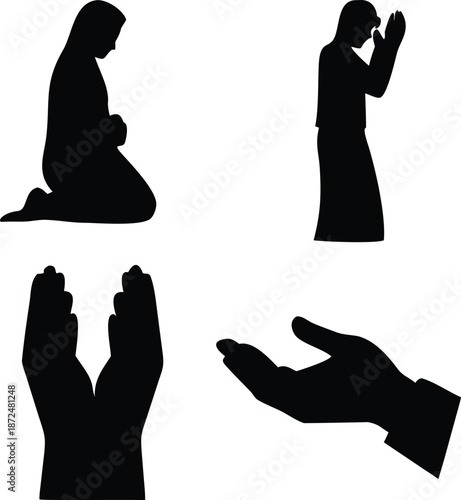 Human hands in prayer gesture and supplicating for blessing and forgiveness