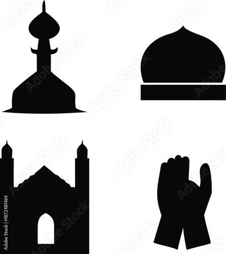Islamic mosques and praying hands silhouettes for religious celebrations