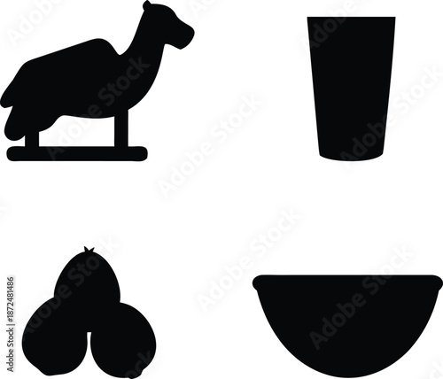 Camel glass bowl and coconut fruit icon set for islamic festivals and food