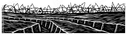 Battlefield landscape with trenches and barbed wire fence in woodcut style