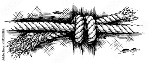 Tied strong rope knot with frayed ends vector sketch