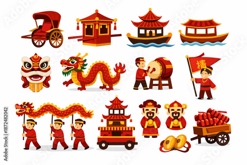 Chinese New Year Icon Pack Featuring Traditional Transportation and Parade Movement Elements Flat Vector
