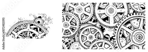 Complex mechanical background with interlocking gears and cogs sketch