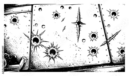 Damaged metal surface with bullet holes and impact cracks vector illustration