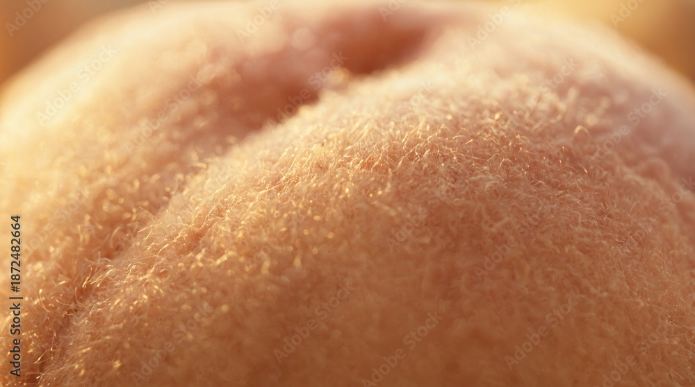Fototapeta premium Peach Skin Fuzz Macro Texture showing golden backlight on curved surface