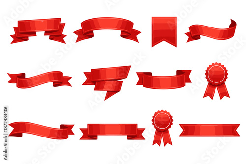 Collection of diverse red ribbons and rosettes for design and decoration