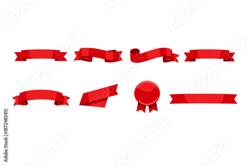 Collection of eight different red ribbon and award designs on a white background