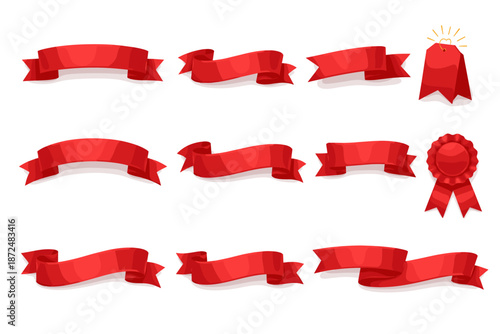 Collection of various red ribbons and award rosettes on a white background
