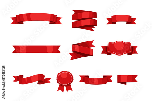 Collection of various red ribbon banners and award seals