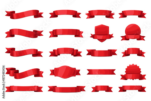 Collection of diverse red ribbons and banners for design and decoration
