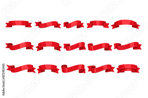 Collection of red ribbons and banners in various styles and shapes