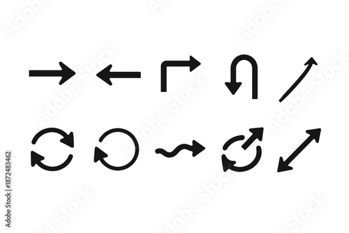 Collection of diverse black arrow icons indicating direction and movement on a white background