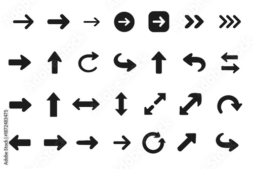 Collection of diverse black arrow icons representing direction and movement