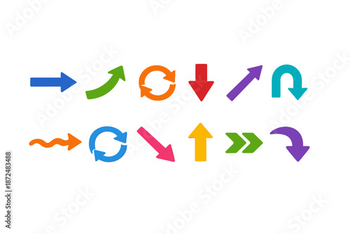 Collection of colorful arrows pointing in various directions and indicating different actions