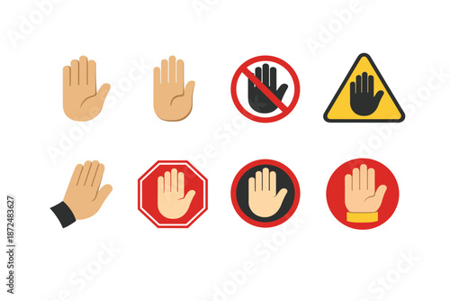 Collection of stop hand icons and signs for prohibition and warning