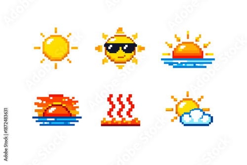 Pixel art sun icons representing different weather conditions and moods