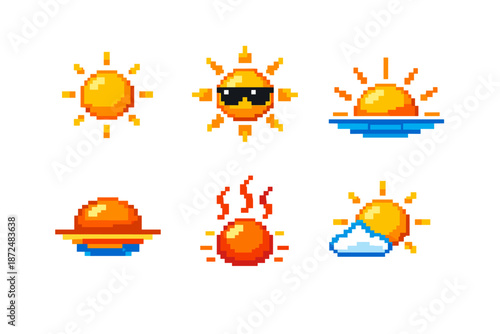 Pixel art sun icons representing different weather conditions and moods