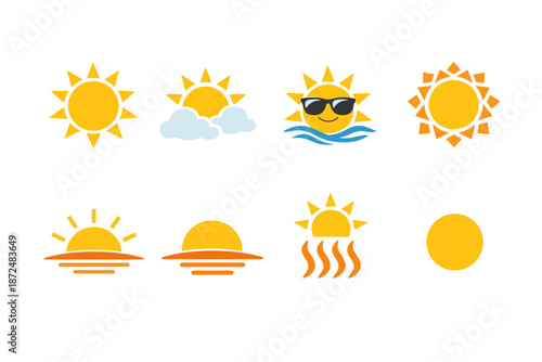 Collection of stylized sun icons representing different weather and times of day