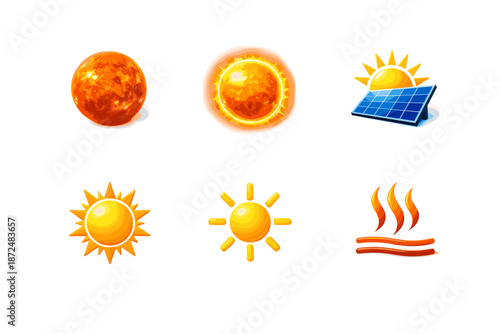 Collection of sun icons and solar energy symbols for design