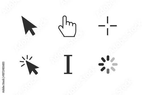 Collection of computer cursor icons and loading symbols on a white background