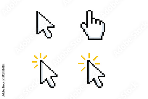 Collection of pixel art cursors, including a pointer and a hand icon