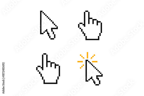 Collection of pixelated cursor icons including pointer and hand shapes