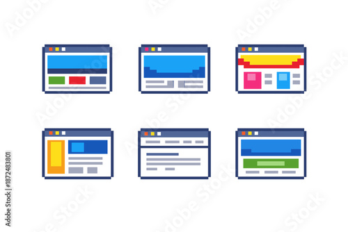 Collection of six pixel art web browser window interface designs