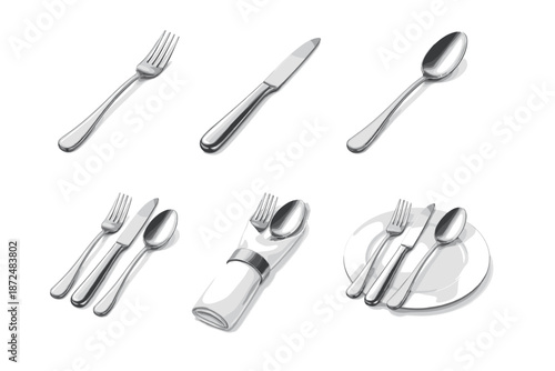 Collection of polished silverware and cutlery arrangements on a white background