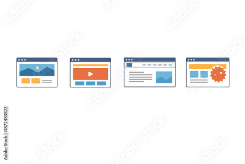 Collection of four distinct website interface designs with various content layouts