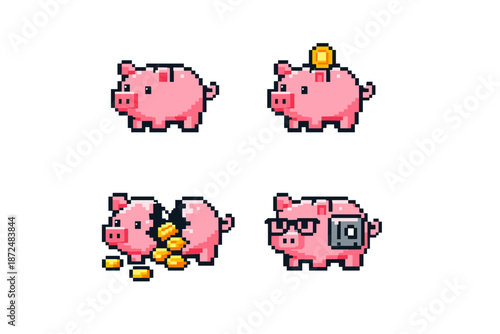 Pixel art piggy banks show saving, spending, and financial planning concepts