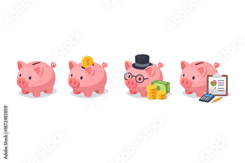 Four pink piggy banks illustrate financial growth and management concepts
