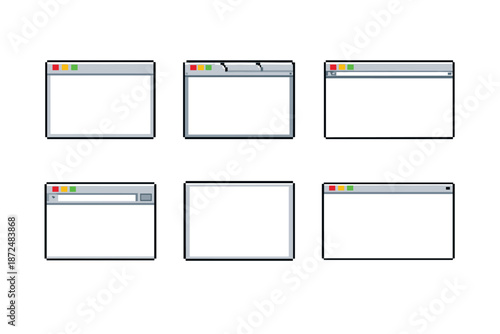 Collection of six pixel art browser windows with different designs and controls