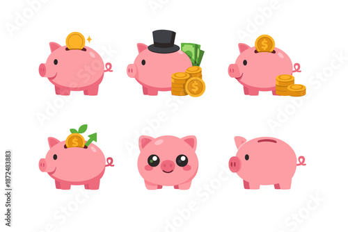 Cute piggy banks with coins and money, representing savings and financial growth