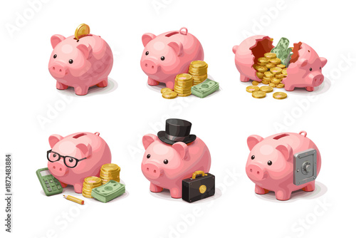 Collection of six cartoon piggy banks illustrating financial concepts and savings