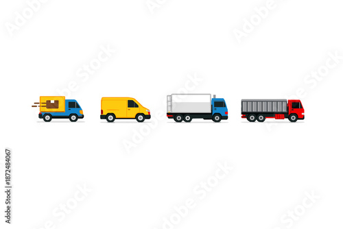 Collection of four different delivery trucks and vans in a row