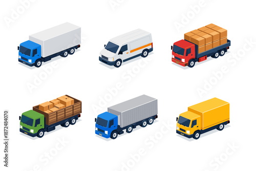 Collection of isometric delivery trucks and vans for logistics and transportation