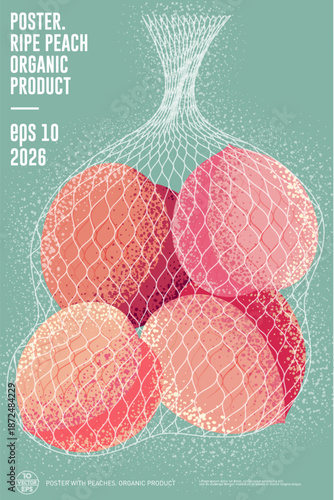Illustration ripe japanese pink peaches in netting bag. Poster with fruits in retail sale. 