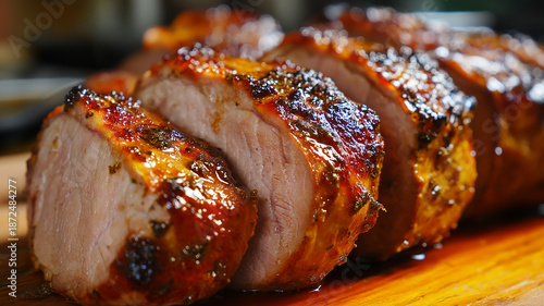 Sliced pork tenderloin glistens with maple garlic glaze, ready to delight taste buds at dinnertime Generative AI