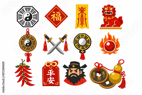 Chinese New Year Icon Pack Focused on Symbolic Protection and Warding Elements Flat Vector