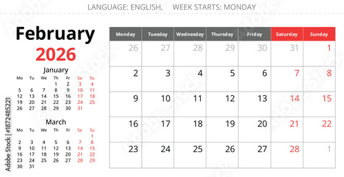 February 2026 monthly English calendar. Monday start, vector design