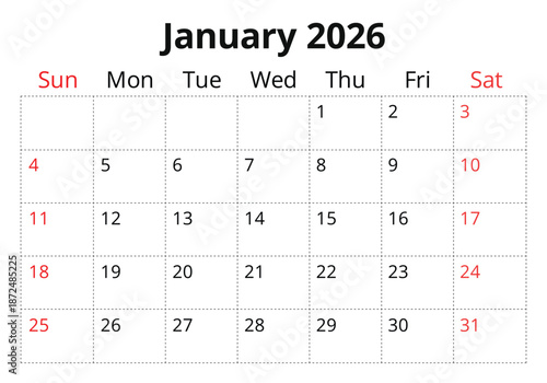 January 2026 calendar page. English monthly planner Sunday start. Vector design