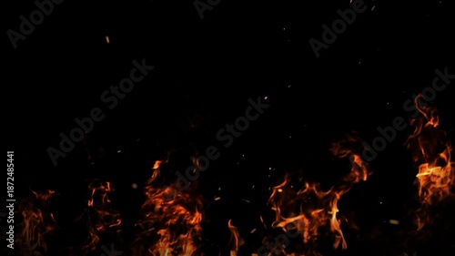 Floating fire embers and subtle flame elements on black background for cinematic overlays, dramatic transitions and motion graphics effects