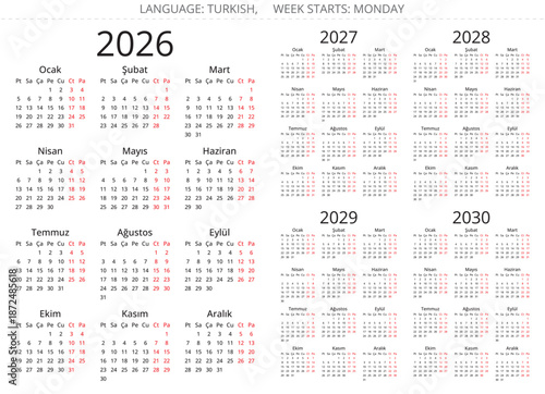 2026, 2027, 2028, 2029, 2030 year turkish simple calendars. Vector illustration Turkey - turk takvimi