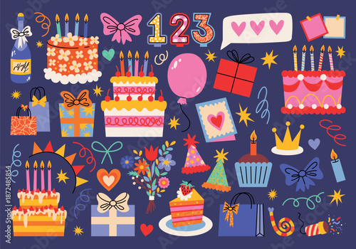 Birthday party elements in doodle style, balloons, gifts, cakes, candles, gift boxes, bows, confetti. Flat cartoon illustrations for decorating parties, gifts, greetings, birthday, festival, carnival.
